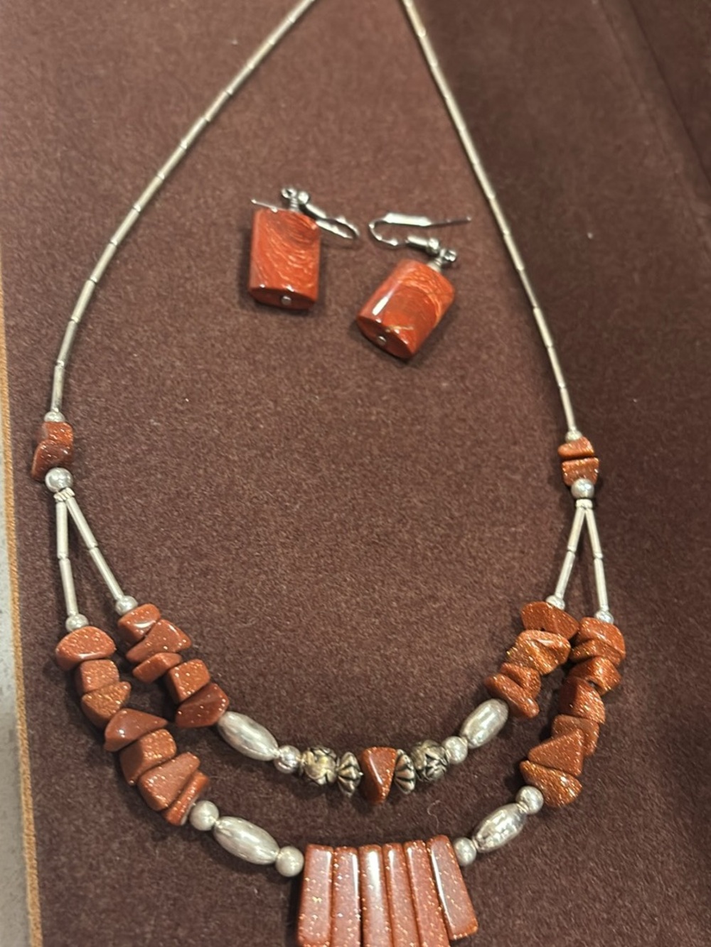 Goldstone Beaded Necklace and Earring Set - Copper Brown